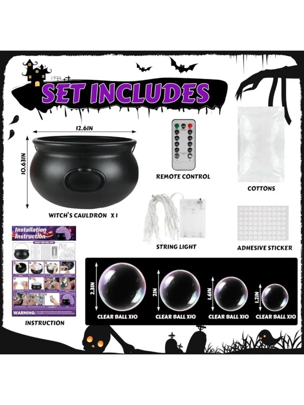 Spooky Halloween Cauldron Decor Set - Bubbling Bowl with Lights & Plastic Balls